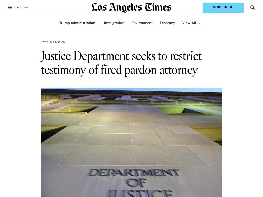 Trump's DoJ seeks to restrict Congressional testimony of fired pardon attorney