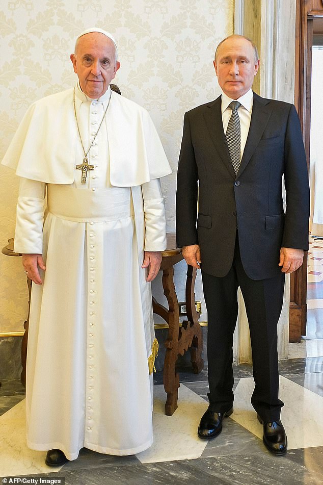 Russian President Vladimir Putin at a private audience at the Vatican in 2019, during a lightning visit to Italy to discuss sanctions with the government