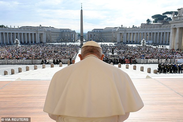 The weekly general audience in St. Peter's Square at the Vatican in 2023, where hundreds of people gather to see the Pope in person