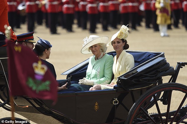 Harry and Meghan, alongside Kate and Camilla arrive in a horse drawn carriage in Horseguards Parade for Trooping the Colour in 2019