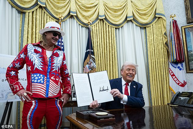 A new deadline for the report to reach Trump's (pictured with Kid Rock in the Oval Office on Monday) desk does not currently exist but Bruce confirmed it is still in the works.