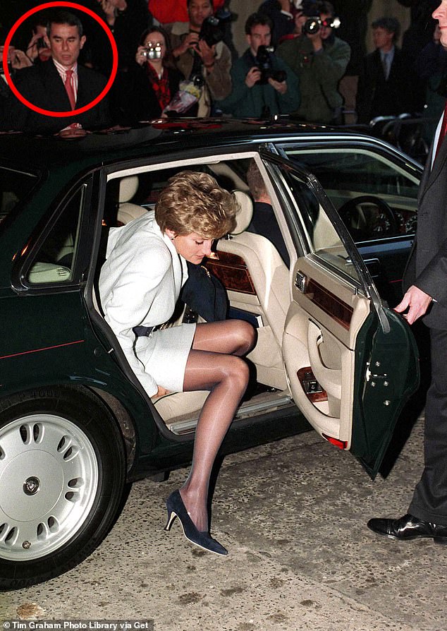 Craker, a Met Police officer for 35 years, is seen here (top left) watching the crowd during a public engagement by Princess Diana