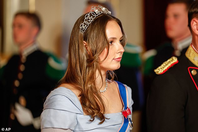 The young princess wore a periwinkle blue dress for the opulent occasion at the Royal Palace this evening