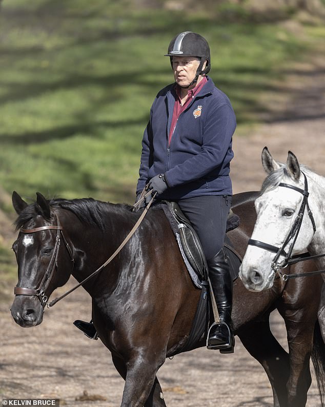 The Duke of York, 65, dressed all in navy blue, was seen wiping his brown while on his weekly ride on 12 April