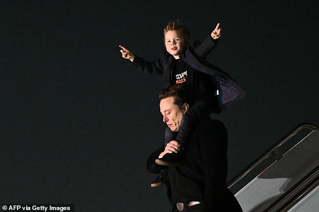 The president was joined by Elon Musk, who carried his son, X Æ A-12, on his shoulders