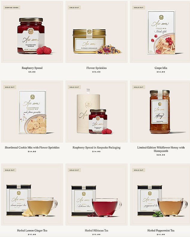Other items in the duchess's range included wildflower honey with honeycomb priced at an eye-watering $28 (£21.60), flower sprinkles at $15 (£11.60), shortbread and crepe mixes - both being sold for $14 (£10.80) - and various herbal tea mixes for $12 (£9.30) each