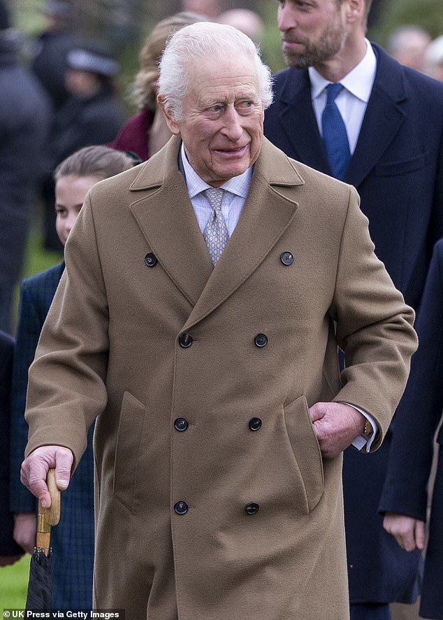 It has been claimed that Meghan actually sent a box of her new products to her father-in-law King Charles (pictured) as an olive branch