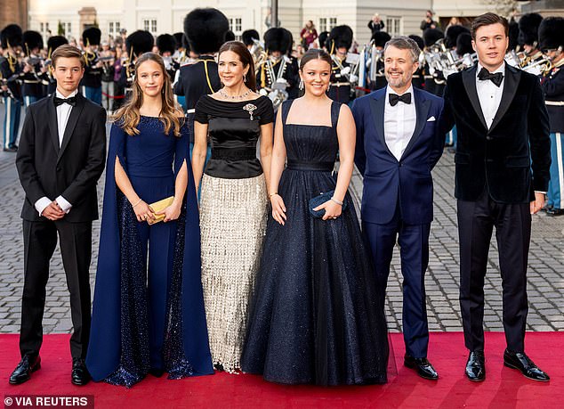 Pictured: Denmark's Princess Isabella, King Frederik X, Queen Mary, Crown Prince Christian, Princess Josephine, and Prince Vincent at Princess Isabella's 18th birthday