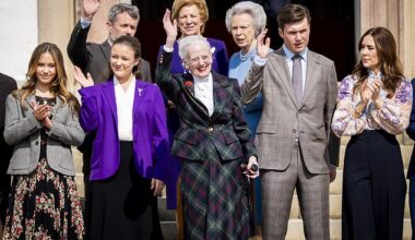 Queen Mary, 53, (far right) was present earlier in the day on 16 April for Queen Margrethe's (centre) 85th birthday celebrations. (Also pictured L-R) Princess Josephine, Princess Isabella, King Frederik X, Queen Anne-Marie of Greece, Princess Benedikte and Crown Prince Christian