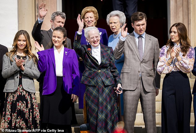 Queen Mary, 53, (far right) was present earlier in the day on 16 April for Queen Margrethe's (centre) 85th birthday celebrations. (Also pictured L-R) Princess Josephine, Princess Isabella, King Frederik X, Queen Anne-Marie of Greece, Princess Benedikte and Crown Prince Christian