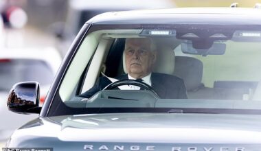Prince Andrew was sombre this afternoon as he drove away from Windsor Castle after attending a memorial service for his late father