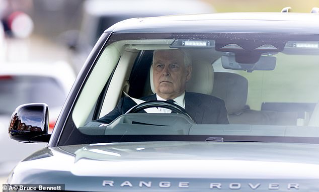 Prince Andrew was sombre this afternoon as he drove away from Windsor Castle after attending a memorial service for his late father
