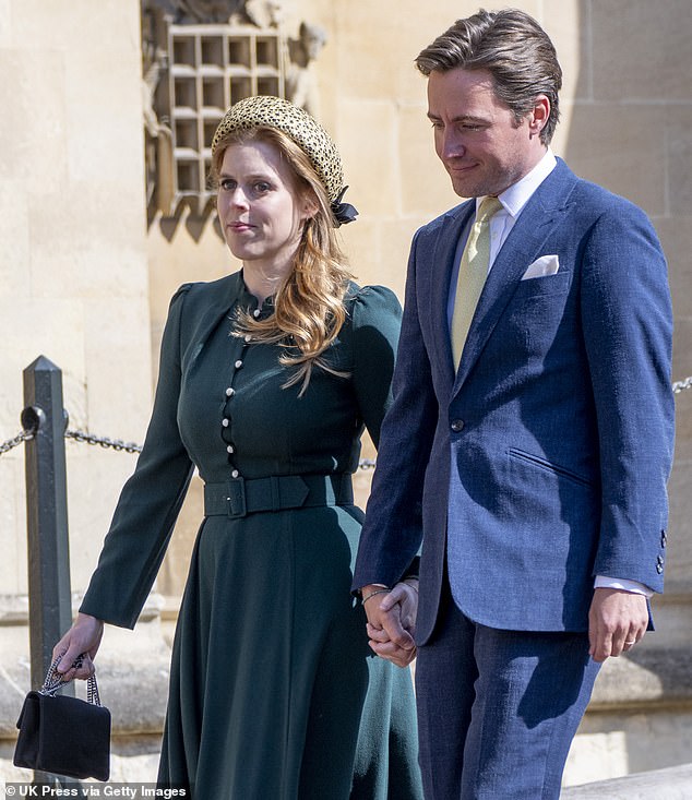 Princess Beatrice, 36, was seen making a striking fashion statement in a stylish gold headband as she arrived at the royal Easter service with her husband Edoardo Mapelli Mozzi
