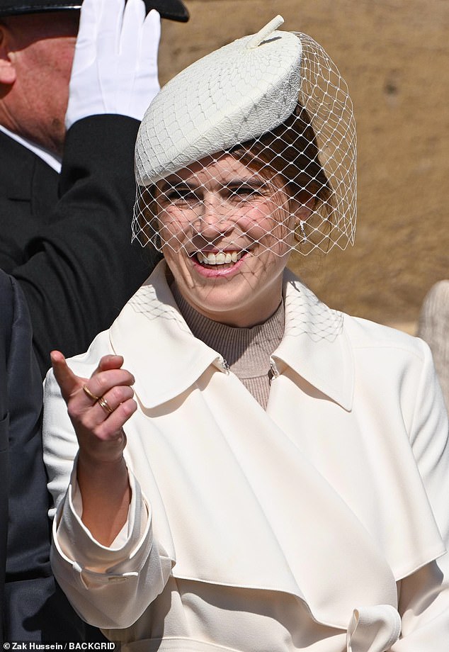 Princess Eugenie, 35, looked elegant in all white and a matching veiled headpiece on the grounds of St George's Chapel