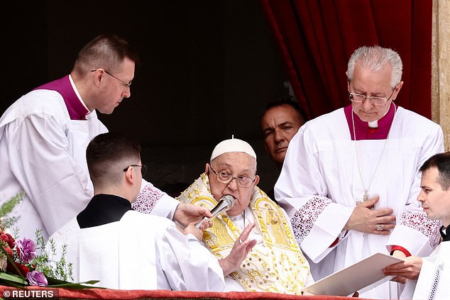 Pope Francis speaks from a balcony on the day of the "Urbi et Orbi" (to the city and to the world) message, at St. Peter's Square, on Easter Sunday, in the Vatican, April 20