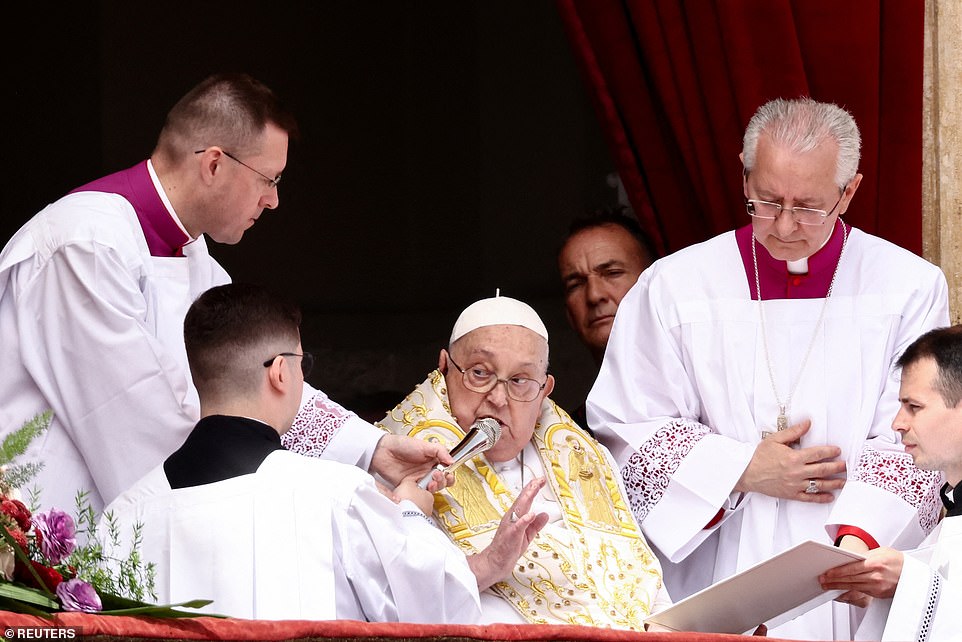 The 88-year-old pontiff delivered his 'Urbi et Orbi' benediction from a balcony overlooking the square following mass to mark the holiday