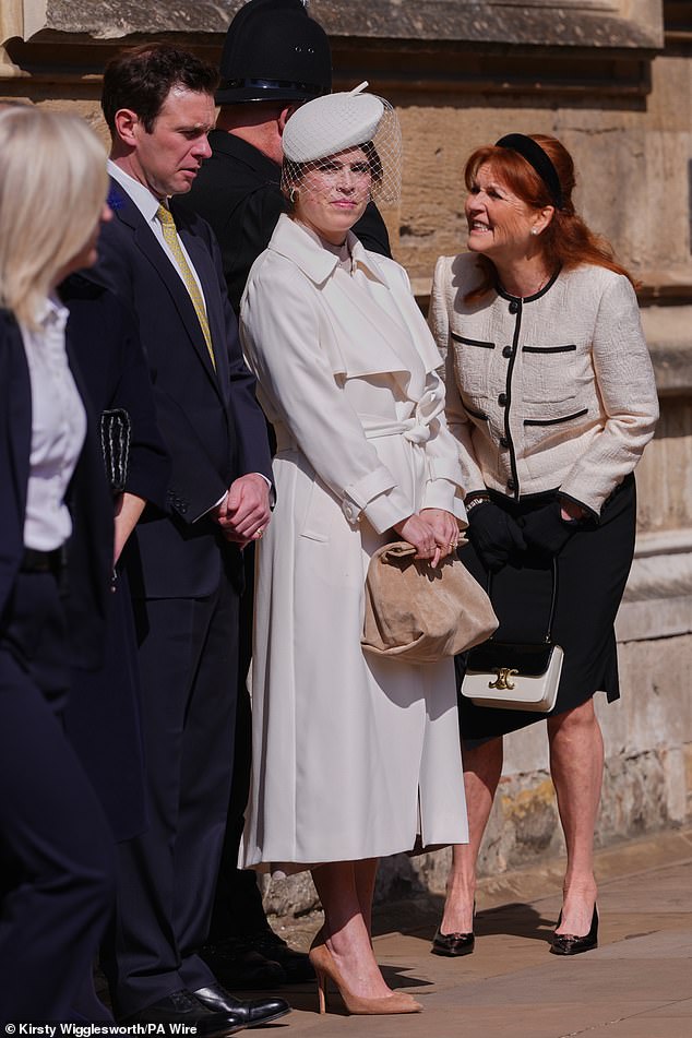 The royal fashionista completed her ensemble with a white longline belted coat, nude suede pointed pumps and a nude tote bag. (The princess is pictured alongside her mother, Sarah, Duchess of York {right} and her husband Jack Brooksbank {left})