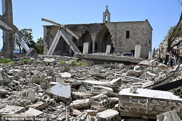 Christians attend the Easter mass at the Saint George Melkite Greek Catholic Church, which was almost completely destroyed by Israeli airstrikes