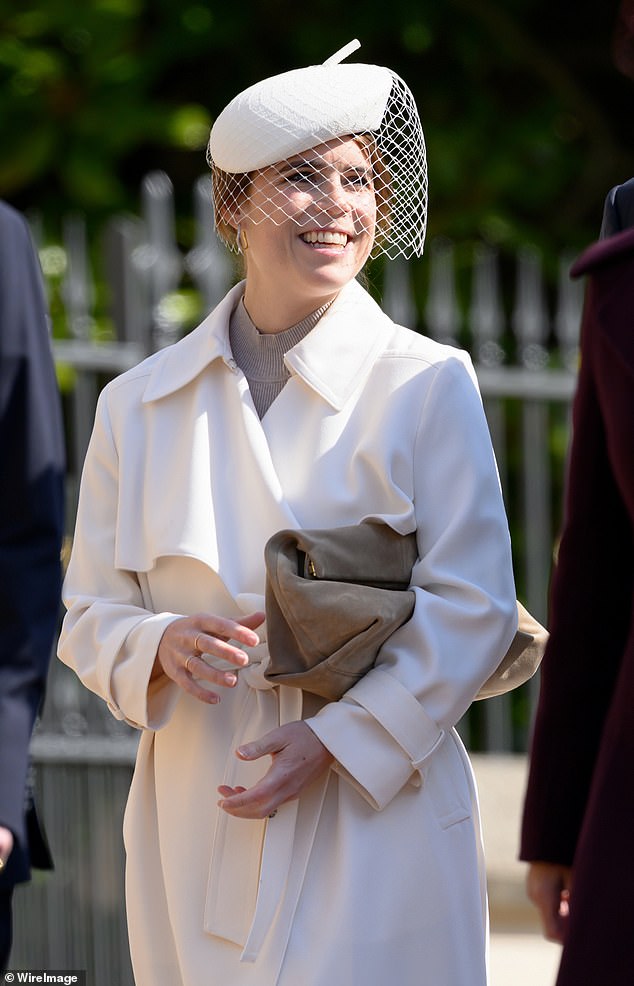 Earlier today, Princess Eugenie donned a cream ensemble to attend the Royal Family 's traditional Easter Sunday service in Windsor