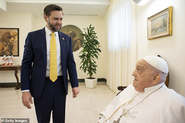 JD Vance (pictured left) tried to mend his rocky relationship with Pope Francis (pictured right) at the Vatican on Easter Sunday after the leader of the Catholic church slammed the Trump administration's treatment of illegal migrants
