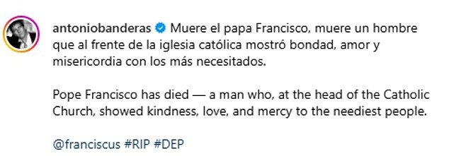 Antonio Banderas, who previously described himself as an agnostic in 2006 but said he has a close affinity with Catholic spirituality,