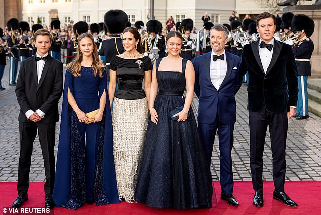The night before Queen Margrethe's birthday dinner was a black tie gala in Copenhagen held in honour of Princess Isabella's 18th birthday. It was attended by Queen Mary and her family, (L-R) Prince Vincent, Princess Josephine, Princess Isabella, 18, King Frederik and Crown Prince Christian, 19