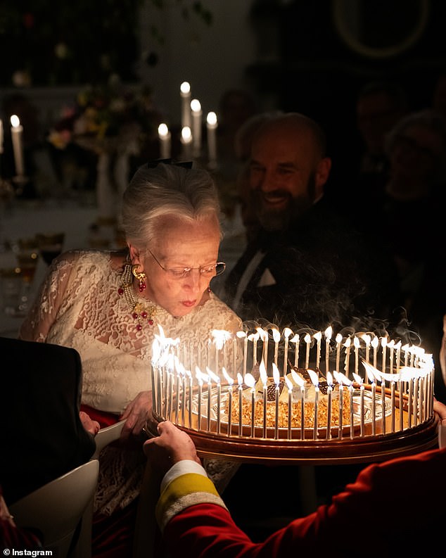 Queen Margrethe had a tricky time trying to blow out all 85 lit candles on her birthday cake