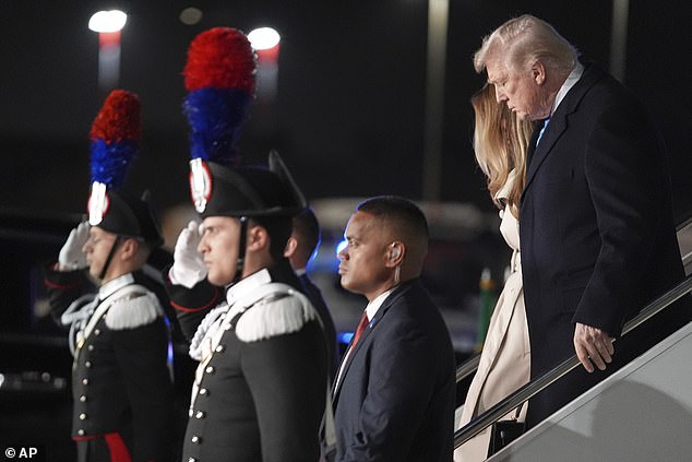 President Donald Trump and first lady Melania Trump arrive at Leonardo da Vinci International Airport to attend the funeral of Pope Francis, Friday, April 25, 2025, in Rome