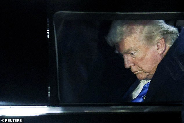 U.S President Donald Trump sits inside a vehicle upon arrival at Fiumicino Airport, to attend the funeral of Pope Francis, near Rome, Italy, April 25, 2025