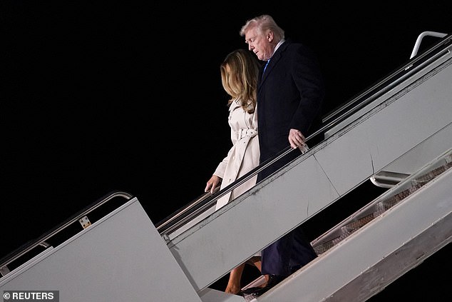 U.S President Donald Trump and first lady Melania Trump disembark Air Force One at Fiumicino Airport, to attend the funeral of Pope Francis, near Rome, Italy, April 25, 2025