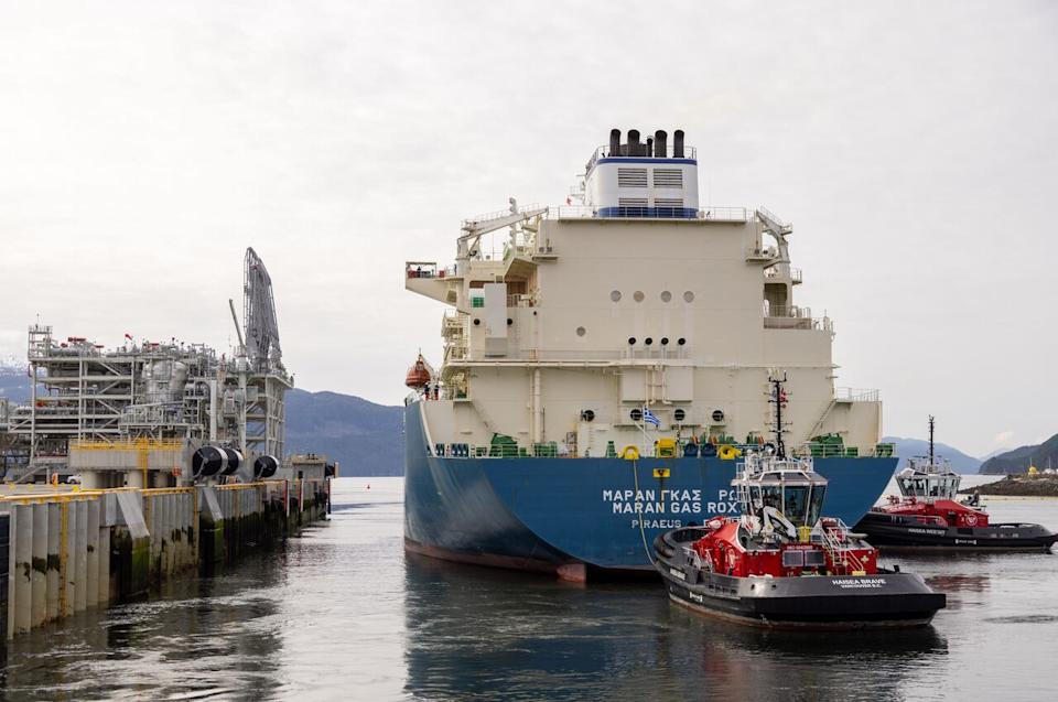 The Maran Gas Roxana arrives in Kitimat, B.C. on Wednesday, April 2, 2025.