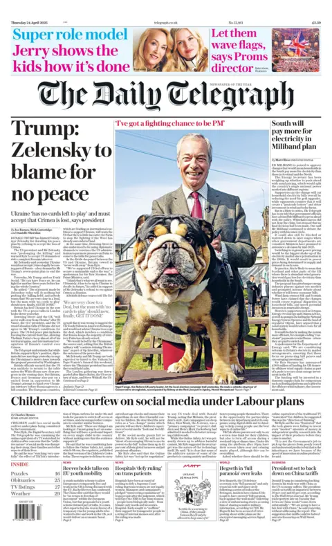 The front page headline of The Daily Telegraph reads "Trump: Zelensky to blame for no peace."