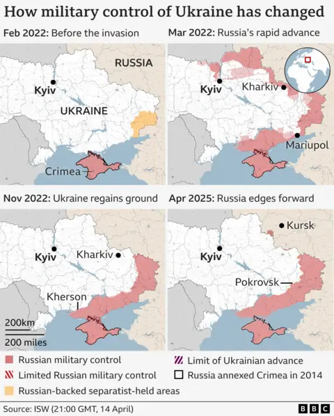 Four maps showing how military control of Ukraine has changed