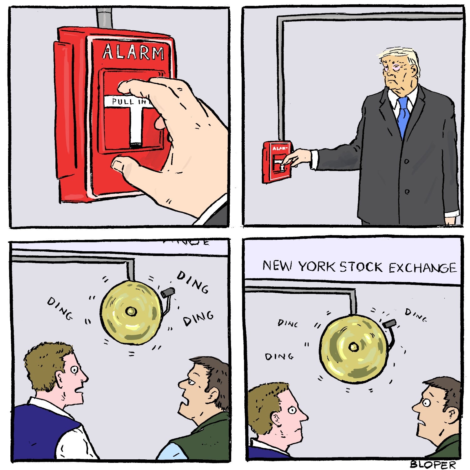 A multipanel cartoon shows a hand reaching toward a fire alarm that is mounted on a wall Donald Trump pulling the alarm...