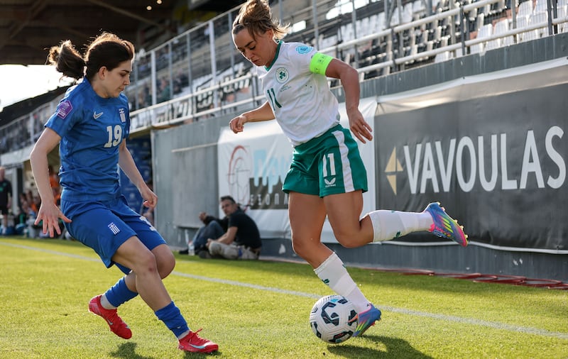 Ireland’s Katie McCabe with Maria Palama of Greece. Photograph: Ryan Byrne/Inpho