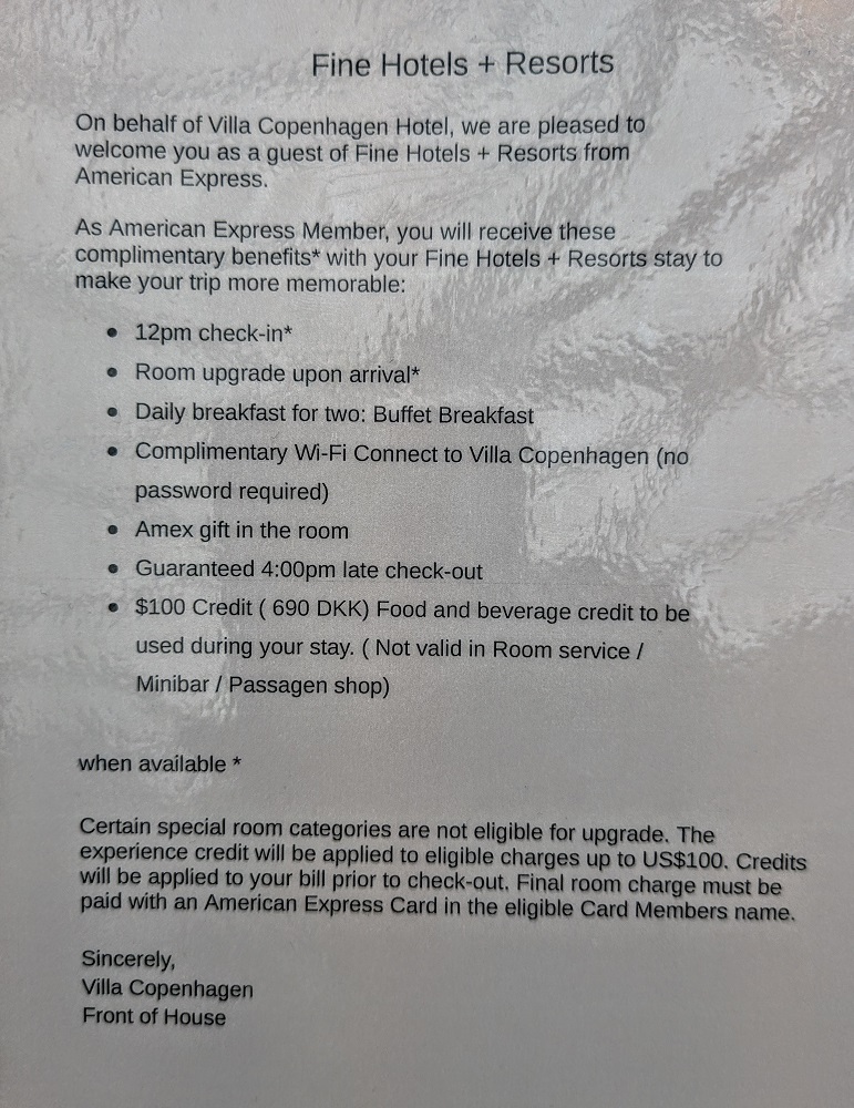 Amex Fine Hotels + Resorts benefits at Villa Copenhagen