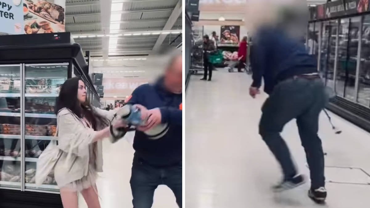 Moment angry shopper smashes megaphone of vegan activists berating customers for buying Easter lamb