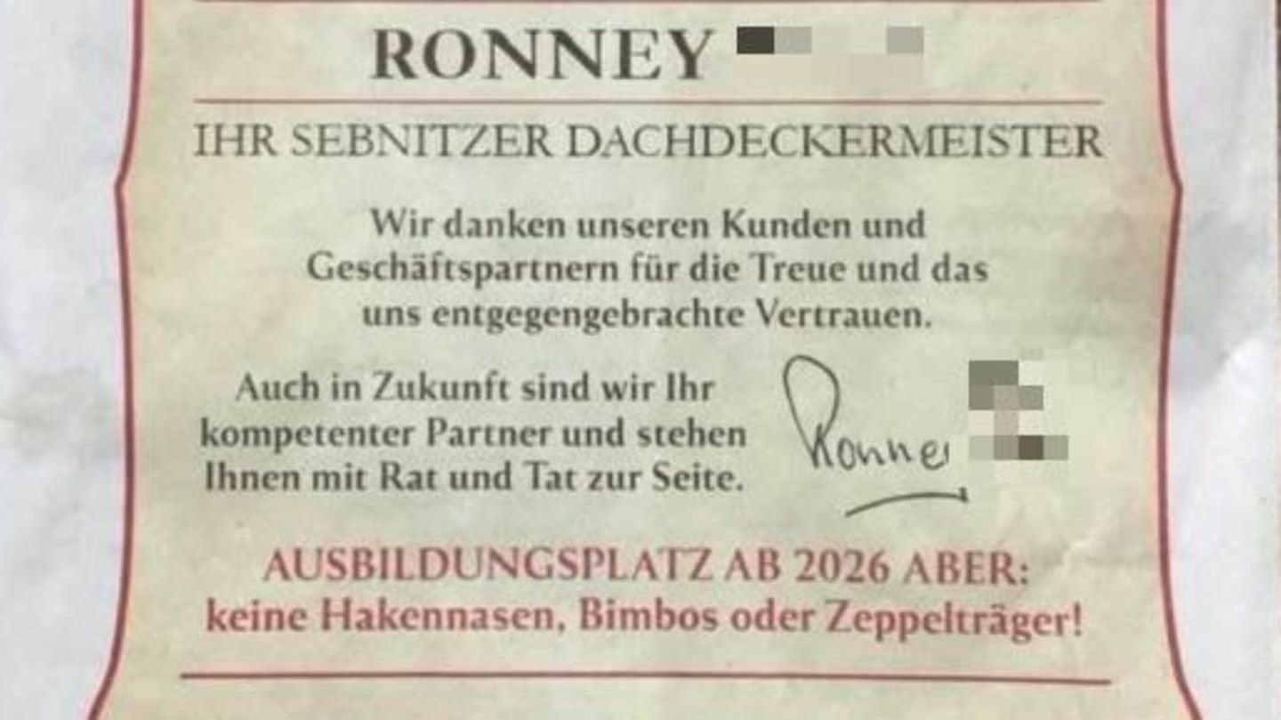 "Keine Hakennasen, keine Bimbos": Dachdeckermeister empört mit Anzeige