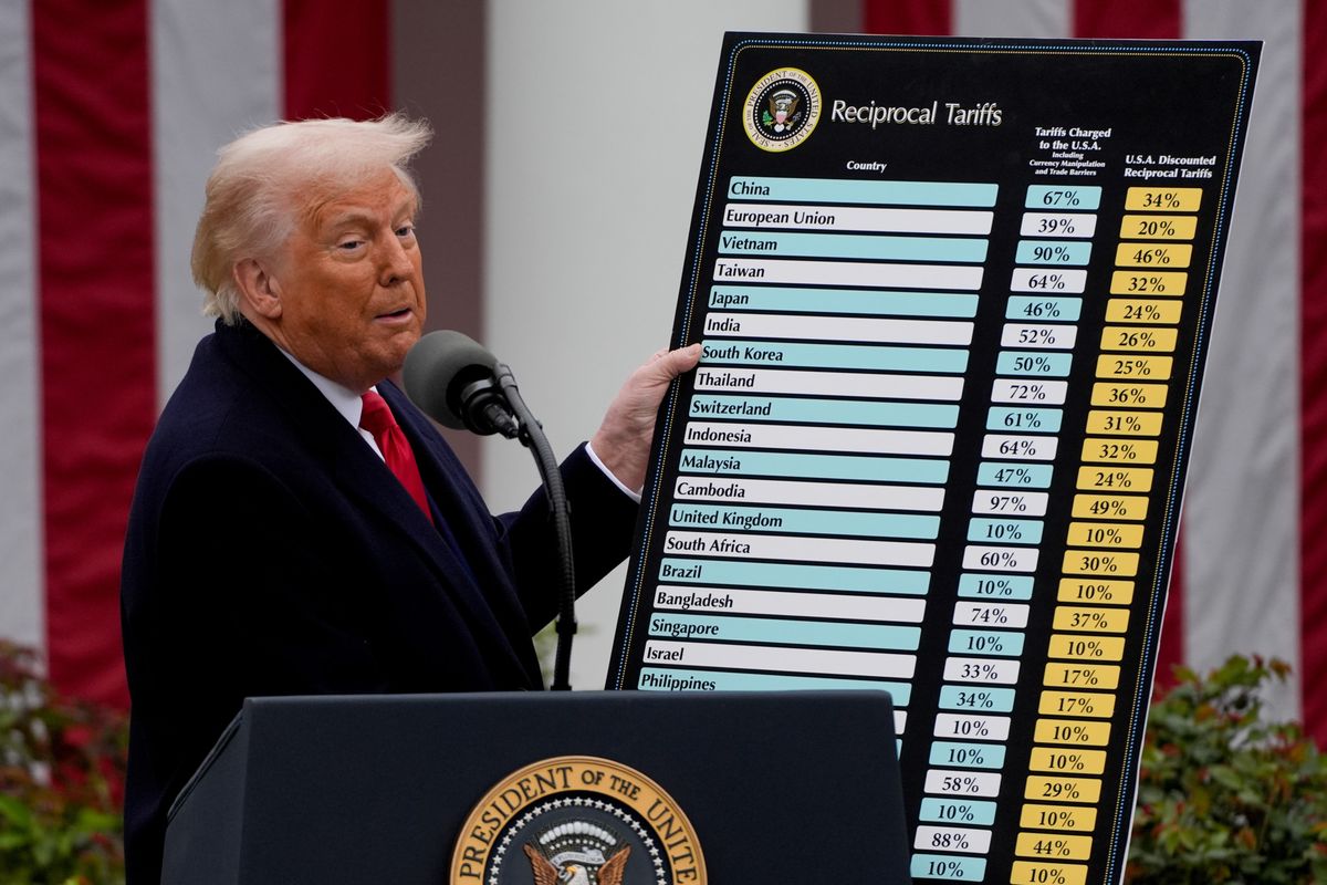 US-Präsident Donald Trump hält ein Plakat mit reziproken Zöllen im Rosengarten des Weissen Hauses in Washington, DC, am 2. April 2025. Auf dem Plakat stehen Zölle verschiedener Länder gegenüber den USA.