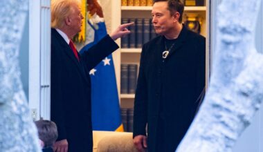 Donald Trump and Elon Musk speak in the Oval Office before departing the White House on his way to his South Florida home in Mar-a-Lago in Florida on March 14, 2025.