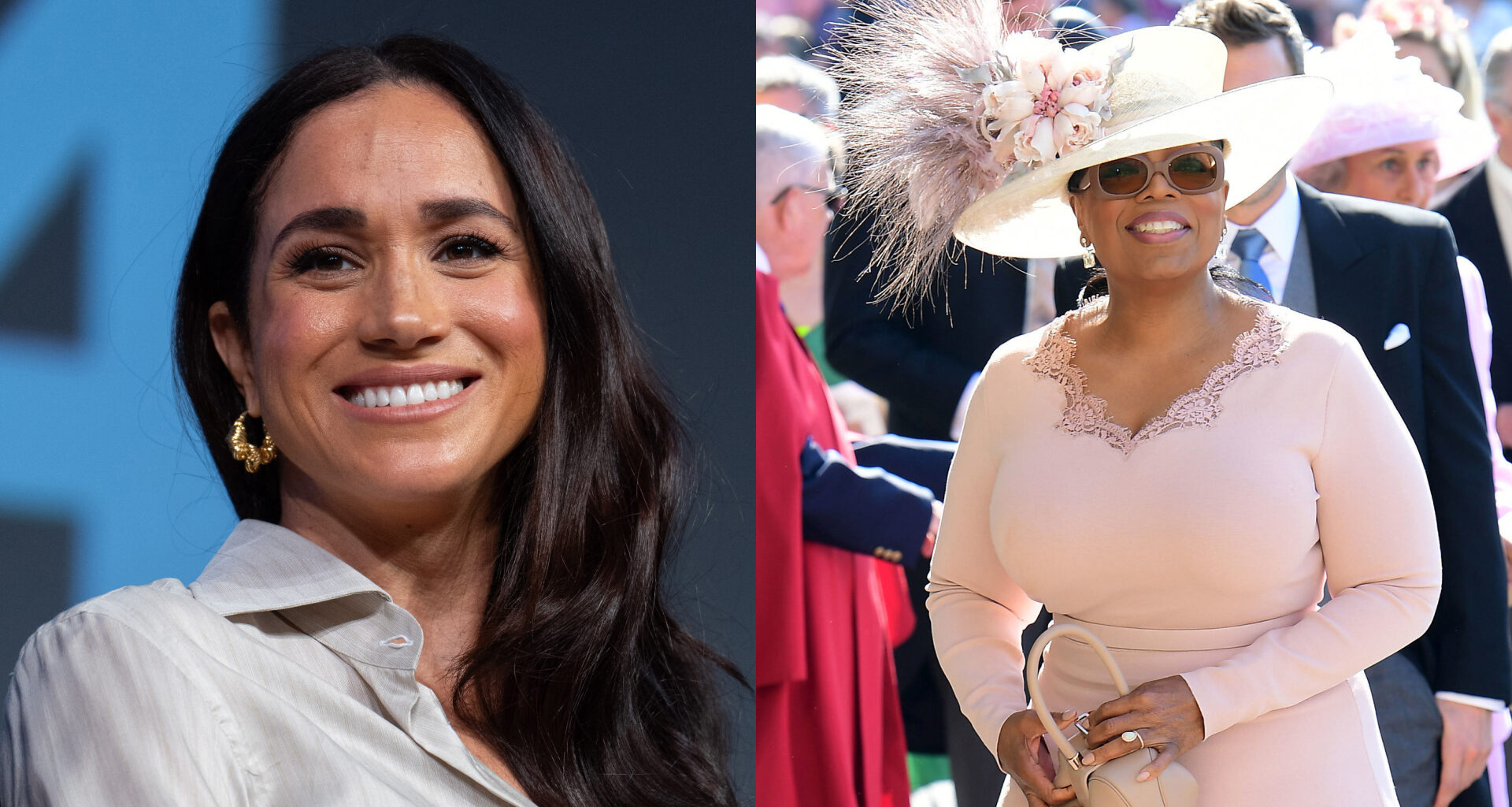 Meghan Markle smiling and wearing gold hoop earrings and a collared blouse next to an image of Oprah Winfrey in a pink dress and hat
