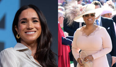 Meghan Markle smiling and wearing gold hoop earrings and a collared blouse next to an image of Oprah Winfrey in a pink dress and hat