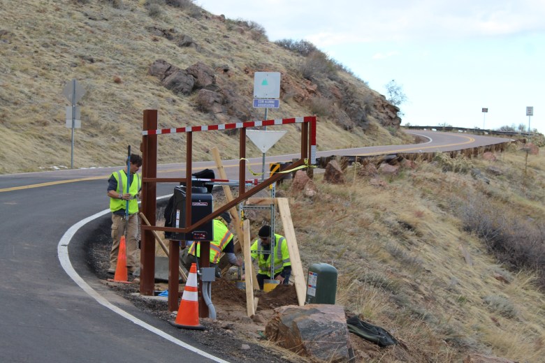 On Nov. 12, a Jefferson County Open Space crew works on Lookout Mountain Road's new lower gate site