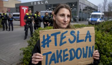 Protests continue at Tesla showrooms amid talk Elon Musk could soon leave DOGE