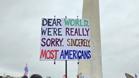 A sign at one of the Hands Off! protests that took place across the US(X/@HannaBec)