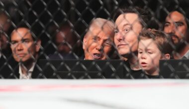 President Donald Trump, from foreground center to right, Elon Musk, his son X Æ A-Xii, and, in background at left, Secretary of State Marco Rubio attend a mixed martial arts fight at UFC 314, Saturday, April 12, 2025, in Miami.