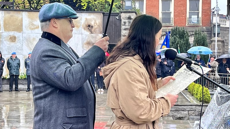 Double Olympic champion Kellie Harrington reading the Easter Proclamation at the 1916 Relatives Association commemoration at the Garden of Remembrance