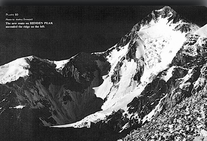 The new route on Gasherbrum I (Hidden Peak), ascended the ridge on the left.
