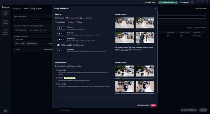 A computer screen displaying a culling project interface for organizing event photos. It shows various photo sorting options and previews. The screen is primarily black with white text and has clickable buttons for different features.