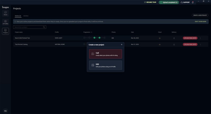 Screenshot of an Imagor project management interface with a pop-up. The pop-up features options to "Cull," for selecting and culling photos, and "Edit," for further photo editing. The background lists projects labeled "World Pack Travel 42" and "TeachPortrait Catalog.
